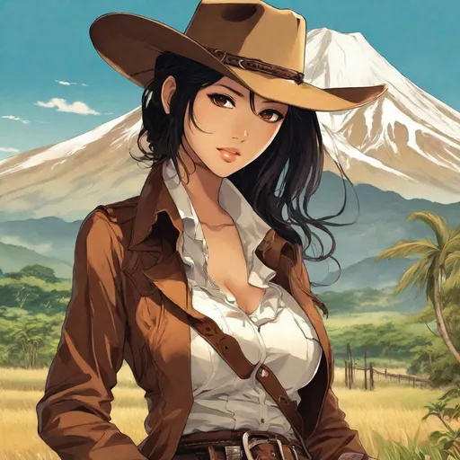 Prompt: anime art, 3/4 body shot, pretty young Indonesian woman, 25 year old, (round face, high cheekbones, almond-shaped brown eyes, small delicate nose), dressed as gunslinger, cowboy, perfect hourglass figure, dynamic pose, background tropical plain with mountains, Japanese manga, Pixiv, Fantia