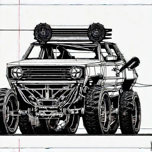 Prompt: post - apocalyptic car blueprint, minimalistic, intricate, flat art, black and white, digital, textless, detailed