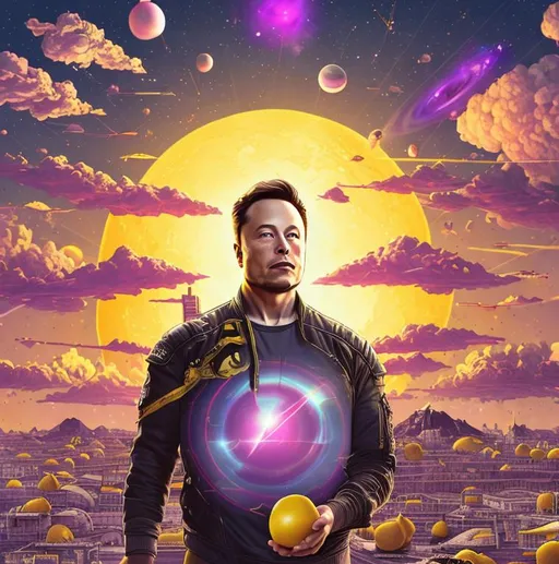 Prompt: Elon Musk, Lemons in the Back ground of a city, buildings fallen , space ships, and a watermark of a yellow lemon on the front of shirt. Pink and purple sky's flying space ships