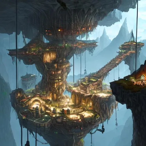 Prompt: a fantasy city inside a hollow mountain with platforms connected by walkways and ropes, floating, realistic prompt