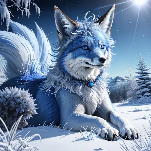 Prompt: (masterpiece, professional oil painting, epic digital art, best quality, highly detailed:1.5), extremely beautiful blue vixen ((fox)), (canine quadruped), female, adolescent, ice elemental, deep blue fur covered in frost, (bashful hypnotic sapphire blue eyes), 8k eyes, sprawled on frosted field, insanely beautiful, gorgeous billowing silver mane covered in frost, (plump:2), by Anne Stokes, by Yuino Chiri, detailed detailed scowling face, finely detailed fur, hyper detailed fur, (soft silky insanely detailed fur), moonlight beaming through clouds, grassy field covered in frost, fluffy fox ears, cool colors, beaming sun, professional, symmetric, golden ratio, unreal engine, depth, volumetric lighting, rich oil medium, (brilliant auroras), (ice storm), full body focus, beautifully detailed background, highly detailed defined furry legs, cinematic, 64K, UHD, intricate detail, high quality, high detail, masterpiece, intricate facial detail, high quality, detailed face, intricate quality, intricate eye detail, highly detailed, high resolution scan, intricate detailed, highly detailed face, very detailed, high resolution