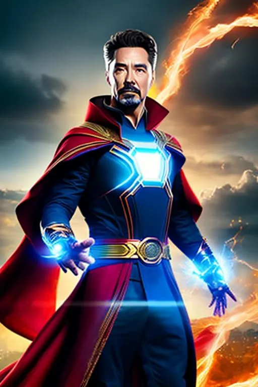 Prompt: High-resolution hyperrealistic photo of sorcerer-supreme dr strange merged with iron-man, blue, and gold armour, red cape uhd, hdr, 64k