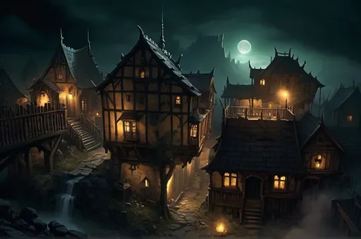 Prompt: Warhammer fantasy rpg style buildings eerie atmosphere night