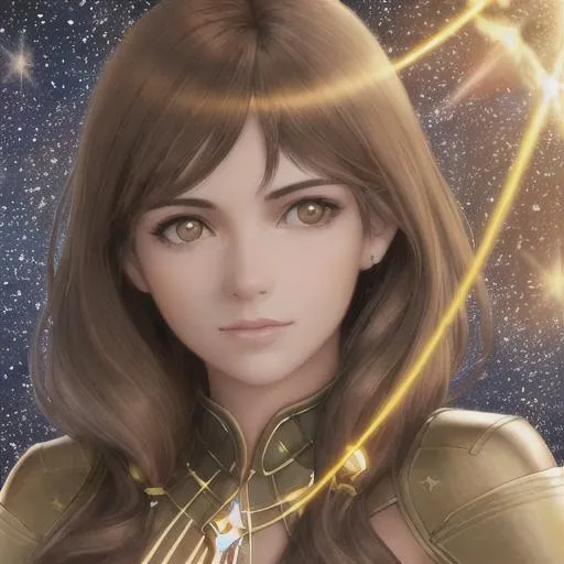 Prompt: A high quality woman with brown hair and hazel eyes with a photo realistic face surrounded by stars a golden glowing string, fantasy, science fiction, beautiful, 