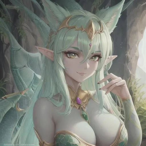 Prompt: female elf with dragon features, dragon scales, dragon tail, narrow face, little elf ears, pretty, gorgeous, tan skin, fertile goddess, beautiful face, busty, uhd, smile, perfect composition, beautiful detailed eyes, dirty, fantasy, highly detailed, digital painting, 4k, HDR, concept art, smooth, sharp focus, illustration,