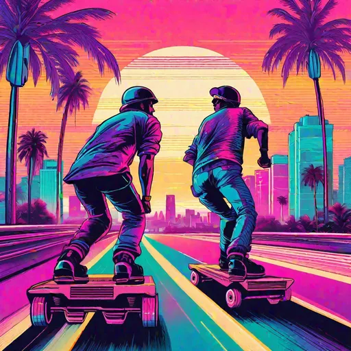 Prompt: retro 80s art, 2 men rollerblading down a highway with palm trees on the side of the road, retro art, synthwave, city view in the background, highly detailed