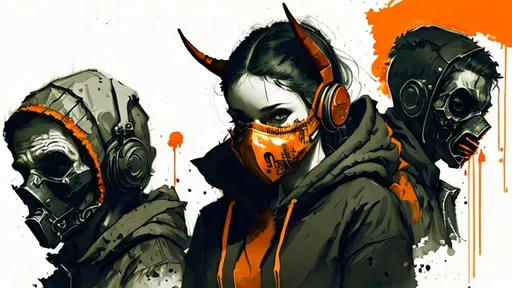 Prompt: Demon, horns, mask, headphones, hoodie, cyberpunk apocalypse, fire , sci fi, ruins, blood, midnight, 8k, highest quality, orange green black grey orange, sharp focus, studio photo, intricate details, highly detailed, UHD, HDR, 8K, ((Masterpiece))