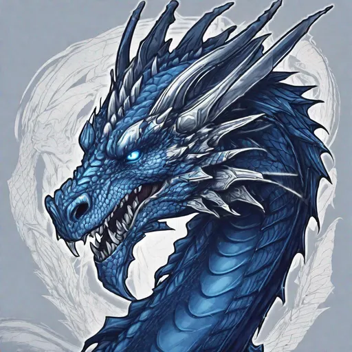 Prompt: Concept designs of a dragon. Dragon head portrait. Dragon head has a sleek appearance. Coloring in the dragon is predominantly deep blue with silver streaks and details present.