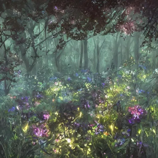 Prompt: bioluminescent flora in a evil wild garden, nighty atmosphere, misty aura