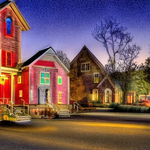 Prompt: Suburban neighborhood, nighttime, Dr. Seuss themed architecture, hyperrealism, filmic, Todd Hideo, HDR, 8K, atmospheric lighting, Americana, rural setting, dark atmosphere