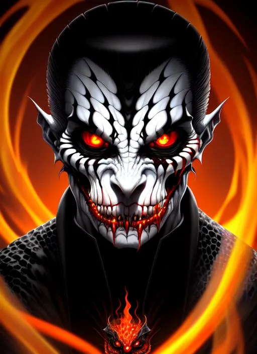 Prompt: special light ambient, color scheme dark, painting of front of male middle aged reptilian yuan ti warlock with short, slick back hair, pale white skin, scaly, joker like scars, serpent fangs,  vertical pupils, yellow eyes, square jaw, black and red ornate rober, imp perched on the shoulder, flame in hands, in hellish medieval background, D&D setting,  perfect composition, hyperrealistic, super detailed, 8k, high quality, trending art, trending on artstation, sharp focus, studio photo, intricate details, highly detailed, by greg rutkowski

