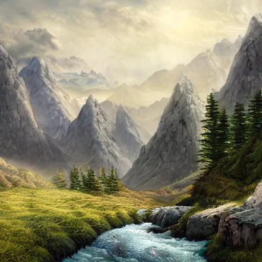 Prompt: detailed light fantasy matte painting of a long stone road, wide open area, thick lush marijuana growing wild, mountains in background with range and peaks, clear stream flowing, cloud, and horizon