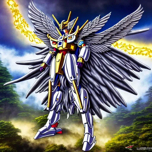 Prompt:  most detailed ever, HDR, UHD, 64K, godly pegasus, highly detailed ultimate winged gundam armor holding big cross, rhads, global illumination, detailed surrounding forest, akira toriyama, crystals