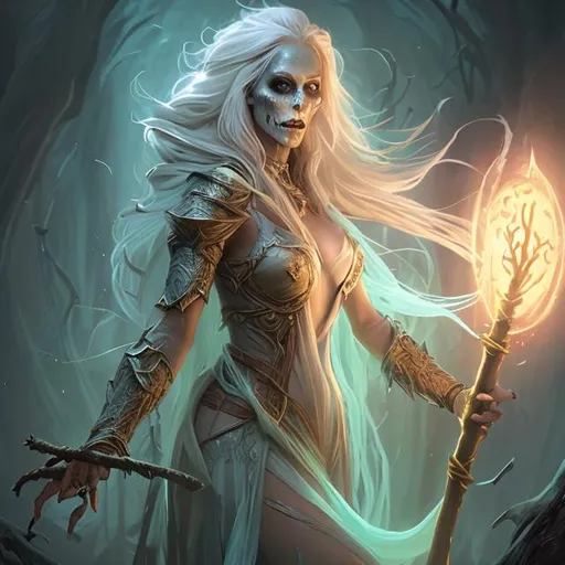 Prompt: Full body splash art of a female undead sorceress casting a spell, very long dirty blonde hair, wearing long light-colored iridescent robe, carrying a wooden staff, D&D, fantasy, highly detailed, sharp focus, digital painting, artstation, concept art, 4k, 8k