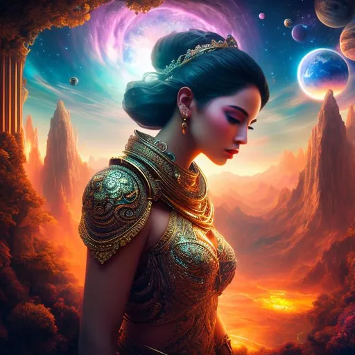 Prompt: create a photograph of beautiful fictional female goddess, extremely, detailed environment, detailed background, planets an nebulae in sky highly detailed, intricate, detailed skin, natural colors , professionally color graded, photorealism, 8k, moody lighting


