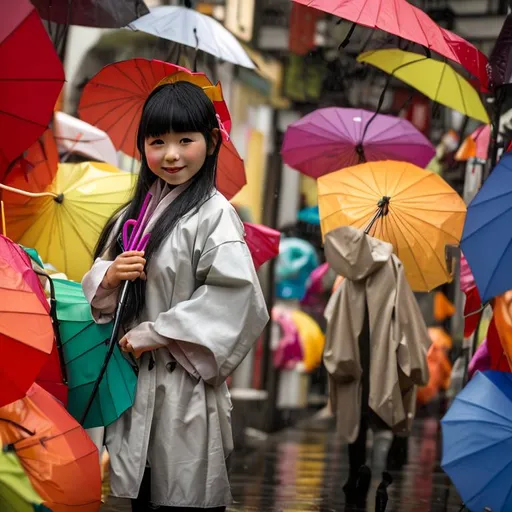 Prompt: A japanese girl holding an open re coloured umbrella on a rainy morning 