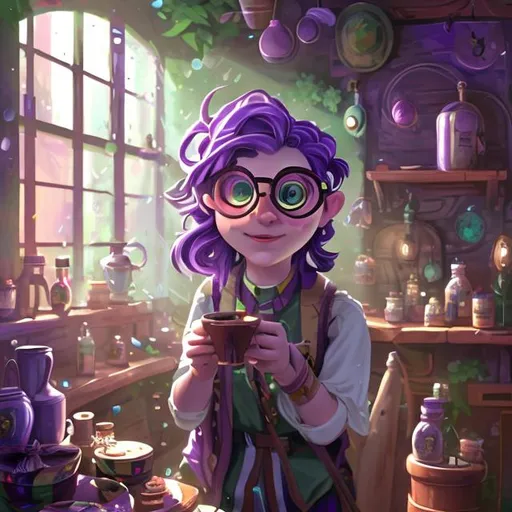 Prompt: Non-binary adult character, purple hair with two stripes through it, green eyes, round glasses, playing the viola, cozy tavern, indoors, rain through round window, digital art, dappled light, 8K