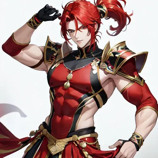 Prompt: Zerif 1male (Red side-swept hair covering his right eye) muscular, UHD, 8K, Highly detailed, insane detail, best quality, high quality. wearing a skirt