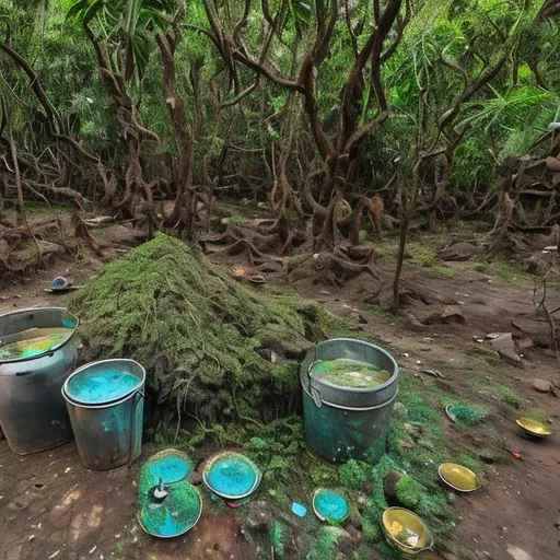Prompt: 10 litres bucket full of deadly acid standing in the middle of the swamy, green forest that has trees with psychedelic leaves as well as strange psychedelic creatures in it
