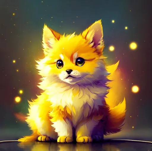 Prompt: Cute, yellow, fluffy, fantasy light puppy, with lighting, yellow eyes, yellow fur, and possessing the element of space and making circles of lighting stripes
 move around in the air in a magical way, in a space background. Perfect features, extremely detailed, realistic. Krenz Cushart + loish +gaston bussiere +craig mullins, j. c. leyendecker +Artgerm.