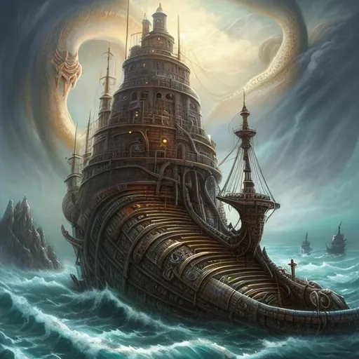 Prompt:  fantasy art style, painting, sea, smog, fog, deep ocean, Norse, Norse mythology, ancient, pirates, pirate ship, dome, glass dome, waves, mist, naval ship, utopia, warship, biological mechanical war machine, war machine, tubes, pipes, warship, snakes, serpents, eels, tentacles, octopus, jellyfish