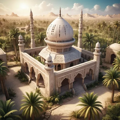 Prompt: Fantasy illustration of an old west african mosque, entire structure, white limestone and wooden sticks materials, intricate carvings and ornate details, garden with a well and palms, birdview, immersive world-building, high quality, detailed, epic scale, fantasy, game style, vibrant colors, atmospheric lighting, ancient african city background