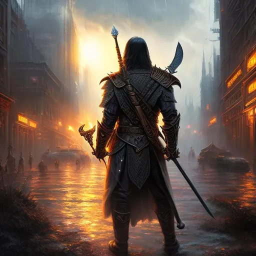 Prompt: {highly detailed, masterpiece, 4k hdr}. A D&D 3e style illustration of a Man wearing a nice business suit, wielding a spear. wandering through a post-apocalypse city, walking in the rain,