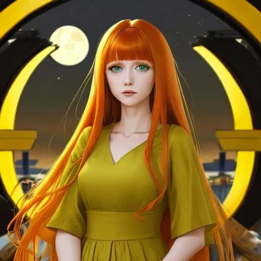 Prompt: Woman with long ginger hair bangs green eyes wearing  yellow dress Torii gate moon