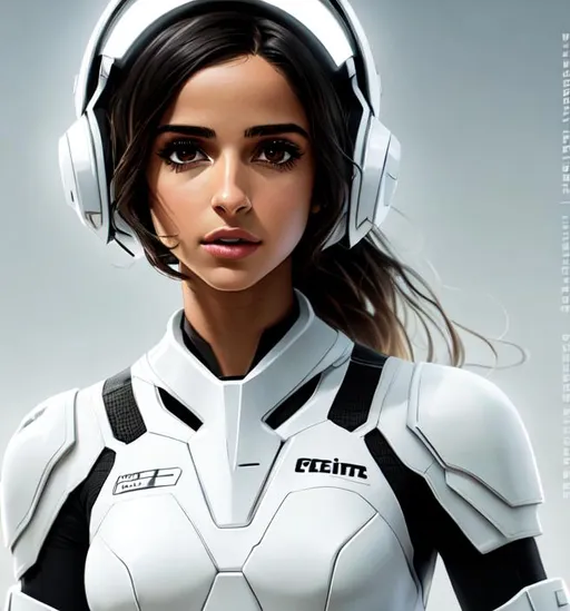 Prompt: <<https://i.pinimg.com/550x/ee/0e/cd/ee0ecd809ab237cede3415cce9275844.jpg>> Naomi Scott in white mech suit created by Ilya Kuvshinov, Movie poster style, box office hit, a masterpiece of storytelling, main character center focus, monsters + mech creatures locked in combat, nuclear explosions paint sky, highly detailed 8k