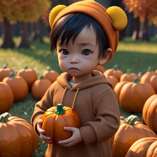 Prompt: an ecopunk style, 3d Disney movie of a very cute little asian baby holding a little pumpkin, Pixar inspired, Disney, clear detailed beautiful face, huge brown eyes, adorable. Autumn vibes. 8k octane render unreal engine