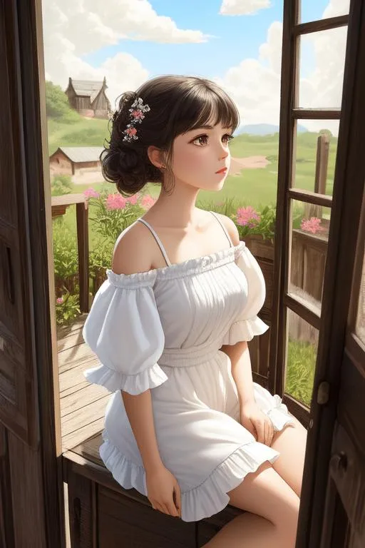 Prompt: long shot scenic view lanscape picture of 1 girl vintage, petite small body,

masterpiece oil painting ultra realistic hyperdetailed white red cotton off the shoulder fluffy cotton blouse with string knots, ruffles, highly detailed brown eyes, highly detailed beautiful gloss lips, highly detailed intricate fluffy black short hair, stray hairs, complex,

sitting in front of door of old rust antique ruined wooden house in the fantasy forest, autumn environment, cozy environment, vintage environment, fantastical nostalgic mood,

hopeful, smile, iridescent reflection, cinematic light,

impressionist painting, Degas Style Painting,

volumetric lighting maximalist photo illustration 4k, resolution high res intricately detailed complex,

soft focus, digital painting, oil painting, heroic fantasy art, clean art, professional, colorful, rich deep color, concept art, CGI winning award, UHD, HDR, 8K, RPG, UHD render, HDR render, 3D render cinema 4D, Makoto Shinkai,