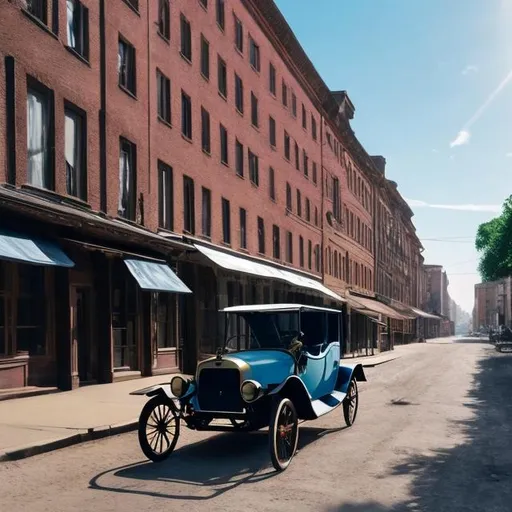 Prompt: Early tall 1900s buildings with road early 1900's Ford Model T high resolution 4k daytime nice weather light blue sky 