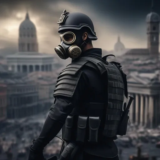 Prompt: a modern roman military male in black military roman armor, and gas mask, attacking city, sharp focus, Professional, UHD, HDR, 8K, Render, electronic, dramatic, vivid, pressure, stress, traumatic, dark.Several depression modern roman military male in black military roman armor, and gas mask, last stand,Hyperrealistic, sharp focus, Professional, UHD, HDR, 8K, Render, electronic, dramatic, vivid, pressure, stress, traumatic, dark.