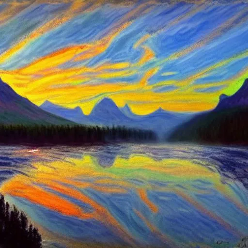 Prompt: Glacier National park, sunrise, Ansel Adam’s style, Bob Ross style, Claude Monet style, oil painting,