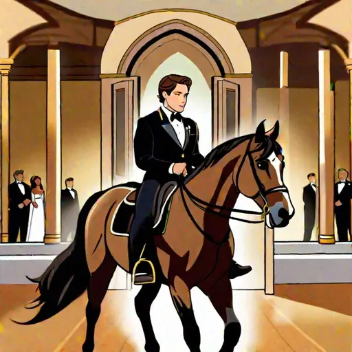 Prompt: Caleb  as a police officer (brown hair) (brown eyes) wearing a tuxedo, full body, ((riding a horse, pulling back on the reins, making the horse stand on its hind legs rearing up)) two large doors directly behind him, center, front-facing, stopping a wedding, objecting, still image, standing in the altar room