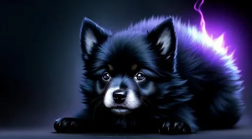 Prompt: Cute, black, fluffy, fantasy dark puppy, with dark, black eyes, very, dark fur, and possessing the element of darkness and making circles of dark magic move around in the air in a magical way. Perfect features, extremely detailed, realistic. Krenz Cushart + loish +gaston bussiere +craig mullins, j. c. leyendecker +Artgerm.