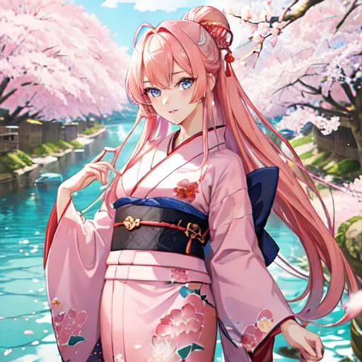 Prompt: Japan as a female human, 8k, UHD,  highly detailed, pink hair, blue eyes, wearing a kimono, under the cherry blossom trees, 
