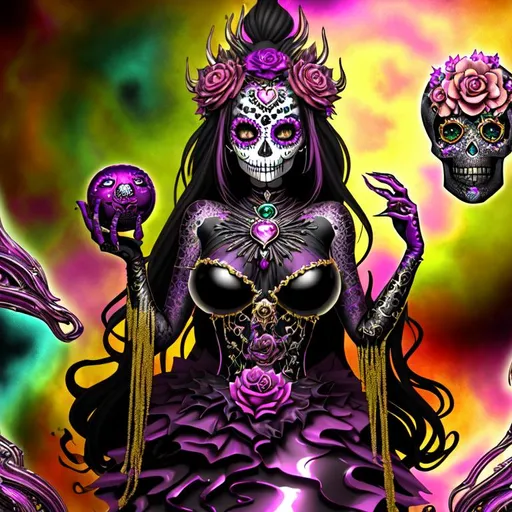 Prompt: Happy, Splendid, Superb, Dreamy, freeform dark chaos epic bold, 3D, HD, [{one}({liquid metal {Goddess}Sugarskull} with {purple gold pink green red silver blood}ink)]::2, expansive psychedelic background --s99500