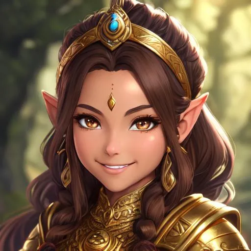 Prompt: oil painting, D&D fantasy, gold dwarf girl, tanned-skinned-female, beautiful, short bright dirty brown hair, wavy hair, smiling, pointed ears, looking at the viewer, cleric wearing intricate adventurer outfit, #3238, UHD, hd , 8k eyes, detailed face, big anime dreamy eyes, 8k eyes, intricate details, insanely detailed, masterpiece, cinematic lighting, 8k, complementary colors, golden ratio, octane render, volumetric lighting, unreal 5, artwork, concept art, cover, top model, light on hair colorful glamourous hyperdetailed medieval city background, intricate hyperdetailed breathtaking colorful glamorous scenic view landscape, ultra-fine details, hyper-focused, deep colors, dramatic lighting, ambient lighting god rays, flowers, garden | by sakimi chan, artgerm, wlop, pixiv, tumblr, instagram, deviantart