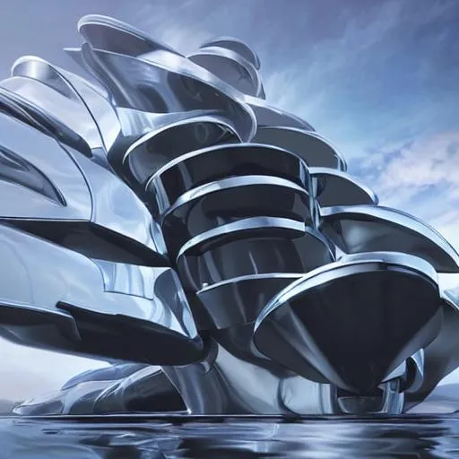 Prompt: Giant futuristic ship with chrome 