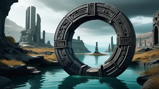 Prompt: magical portal between cities realms worlds kingdoms, circular portal, ring standing on edge, upright ring, freestanding ring, hieroglyphs on ring, broken ring, ruins, crumbling pillars, broken archways, ancient roman architecture, lakeside wilderness setting, panoramic view, futuristic cyberpunk tech-noir setting