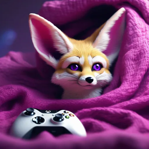 Prompt: cute fennec fox wrapped up warm in purple/pink blanket with XBOX controller in front of her, realistic, hyper-realistic, realism, 32k, photography, hdr, 1080p, cinematic, splash art, concept art, fictional characters, mid shot, intricately detailed, colour depth, dramatic