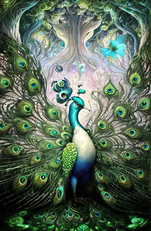 Prompt: A Fantasy biomorphic white, green and blue peacock, intricate bioluminescent details. By Jacek yerka, Catherine Abel, Naoto hattori, Salvador Dali, Dr Seuss, Gediminas Pranckevicius. fantasy, intricate, fantastic view, ultra detailed, crisp quality, colourful, hdr, psychedelic, science fiction, vibrant, insanely detailed, Surrealism, elaborate, fantasycore, great depth and scale, light reflections, Fluorescent.
