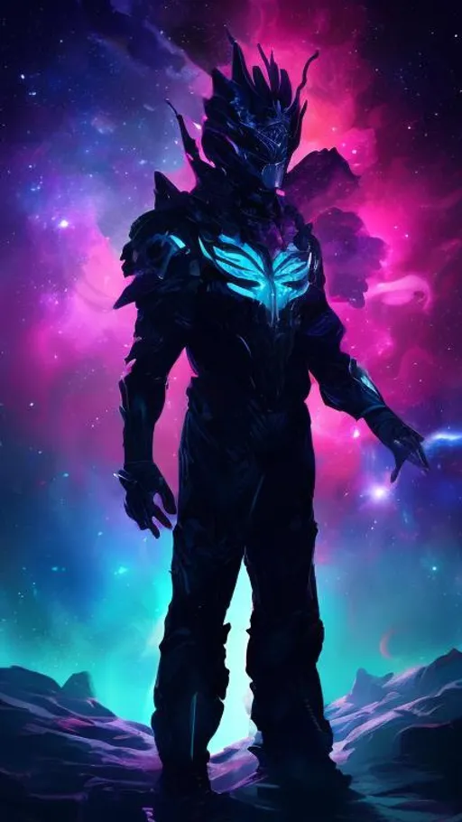 Prompt: An accumulation of stars, galaxies and nebulas in a vaguely-humanoid-male-shape with open arms and covered in black robes standing on shattered rock. Behance HD