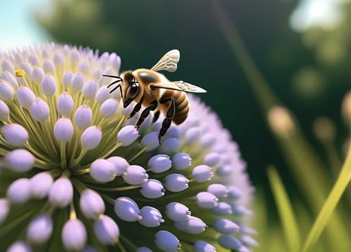 Prompt: a bee is sitting on a flower in a field of grass and bushes in the background is a bush, Beeple, symbolism, deep depth of field, a macro photograph