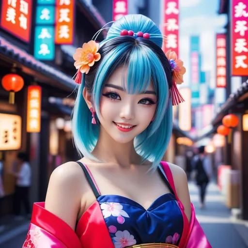 Prompt: realistic photo quality, full body view, cute petite 21 year old anime girl, bright color for hair, detailed facial features with shy smiling expression, in cyber geisha style costume adaptation, detailed clothing elements, highly stylized artstyle, messy abstract neon tokyo hip shopping district background, digital illustration, ultra hd, motion blur, deep depth of field, deep blue color scheme, pastel color scheme