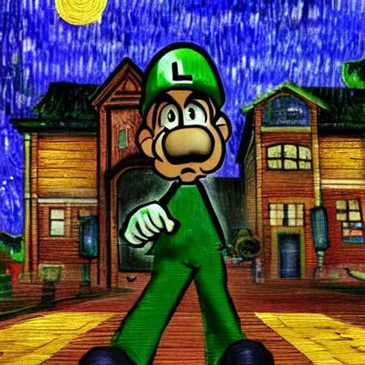 Prompt: Luigi  green cap  L in front entering  walking up to Luigi’s mansion with Boos scared trembling in the style of Van Gogh mixed media oil painting style 