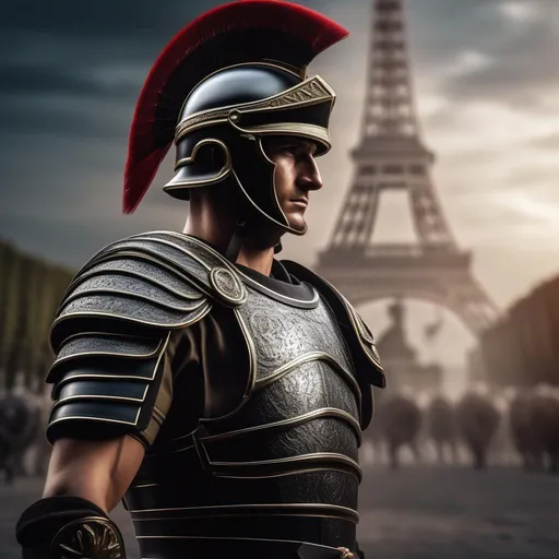 Prompt: A modern roman military male in black military armor galea helmet of roman armor, with a gunfire, background Paris in war, Hyperrealistic, sharp focus, Professional, UHD, HDR, 8K, Render, electronic, dramatic, vivid, pressure, stress, nervous vibe, loud, tension, traumatic, dark, cataclysmic, violent, fighting, Epic