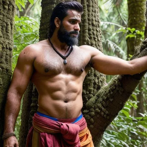 Prompt: "a hyperreal scene of hyperreal handsome rugged warrior hunk boy", indian weapon, ""hyperreal "detailed" face"", hanging from a tree in a dense forest at, wearing snake,shawl and dhoti, sweaty hairy chest, river, depth of field, arena, perfect composition, hyperrealistic, super detailed, 8k, high quality, trending art, trending on artstation, sharp focus, studio photo, intricate details, highly detailed, by greg rutkowski