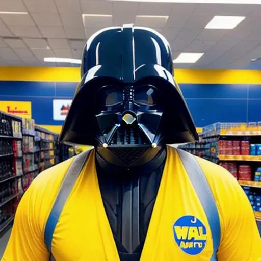 Prompt: Darth Vader in blue and yellow as a Walmart employee